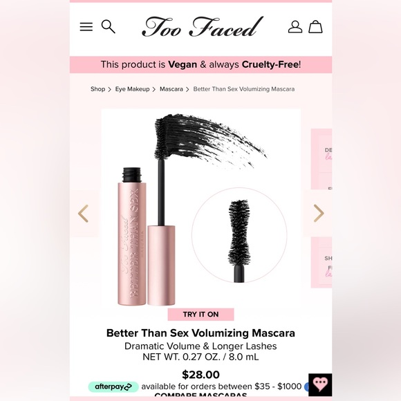 Too Faced Better Than Sex Mascara Makeup Black Lengthening Volumizing Eye Lashes - Picture 3 of 15